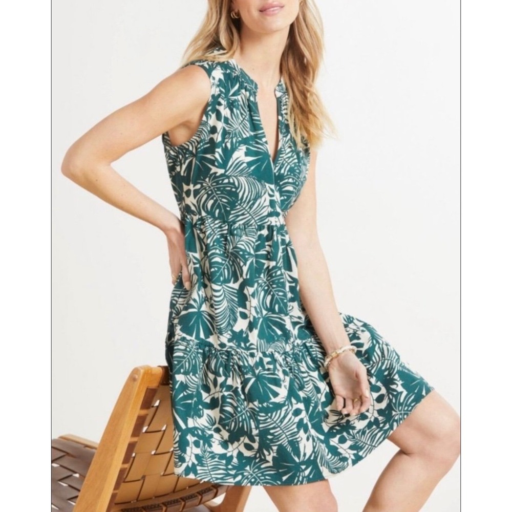 Sundry for Evereve Green White Tropical Monstera Leaf Tiered Dress Size 1 Small